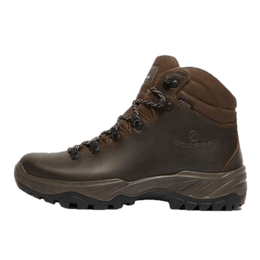 Brown leather walking boots with high ankle support and faint 'Scarpa' logo pressed into the leather